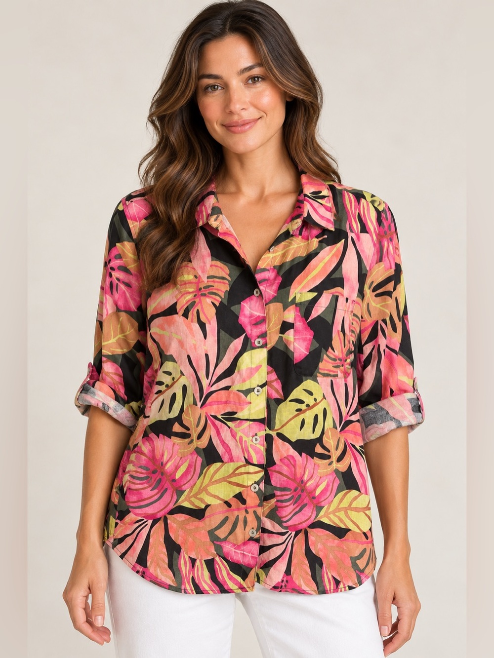 Chico's Tropical Leaf Button-Front Shirt - Pink, Green & Black